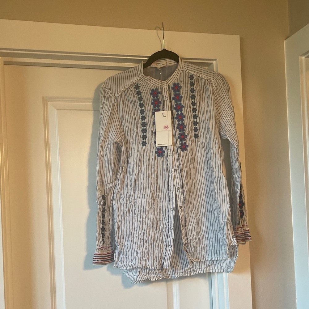 Striped Cotton Embroidered women’s Shirt - Blue/White - (Brand: )